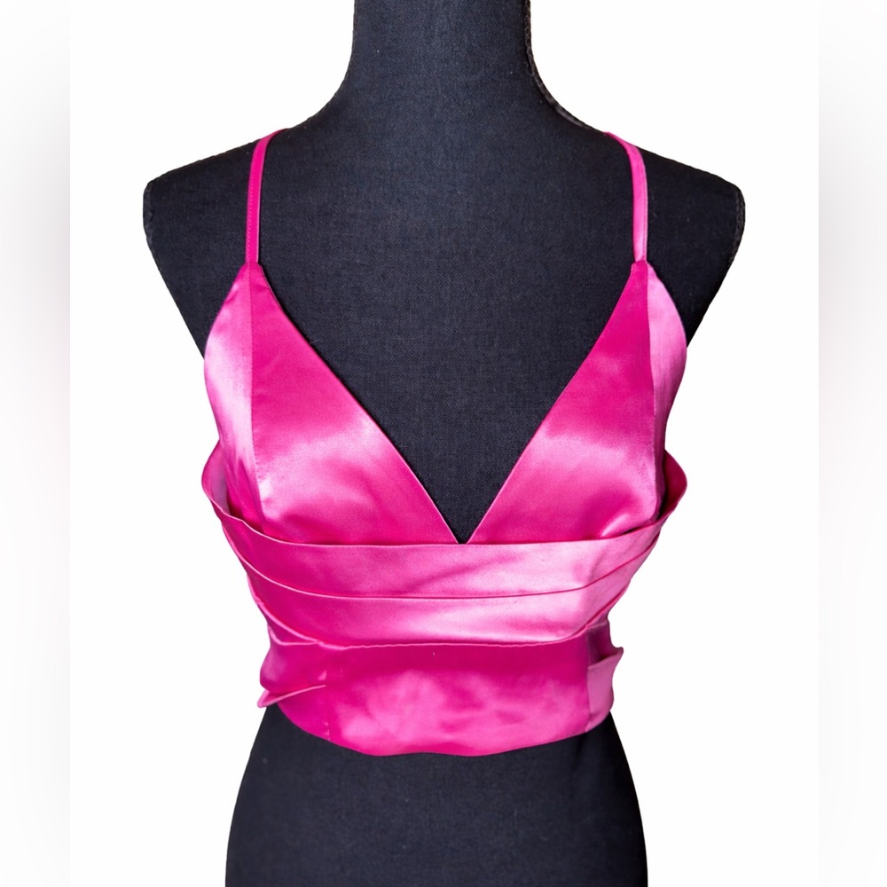Mustard Seed Pink Satin Crop Top Y2K Coquette Barbiecore‎ Laceup Cami- Medium